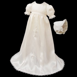 Baby Girls Ivory Dupion Lace & Cross Gown with Bonnet
